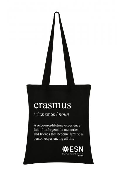 A blag tote bag with the title erasmus. Under that is a text: A once-in a lifetime experience full of unforgettable memories and friends that become family; a person experiencing all this. In the bottom right corner is ESN Vaasa's logo.
