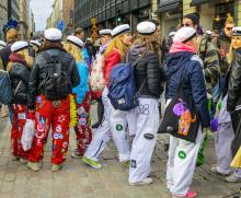 Finnish students wearing their overalls and hats during Vappu