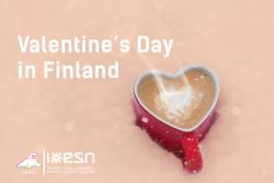 A text saying Valentine's day in finland, with a cup in a shape of a heart.